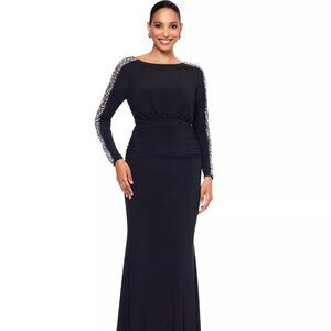 Betsy & Adam Plus Size Scoop-Neck Long-Beaded-Sleeve Dress Black/Silver